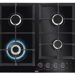 AEG 60cm Built-In Gas Hob on Glass with 4 Burners and Cast Iron Support with Heat Indicator - HKB64540NB