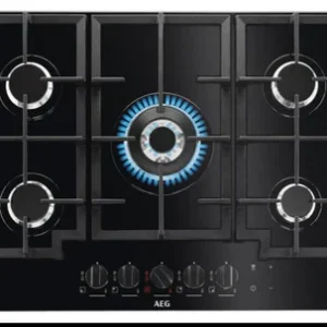 AEG 75cm Built-In Gas Hob on Glass with 5 Burners and Cast Iron Support - HKB75450NB
