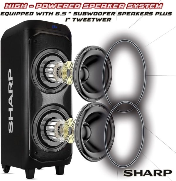 SHARP 50W RMS Portable Rechargeable Bluetooth Party Speaker with Free Microphone, Luggage-Style Handle and Wheels! - PS-935 - Image 7
