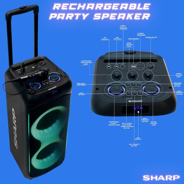 SHARP 50W RMS Portable Rechargeable Bluetooth Party Speaker with Free Microphone, Luggage-Style Handle and Wheels! - PS-935 - Image 8