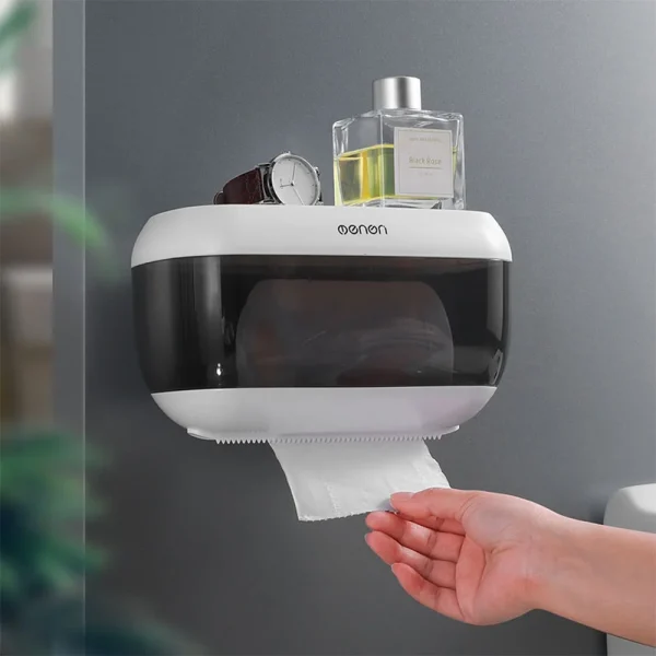 Toilet Paper Holder Wall-Mounted Tissue Box Stand Dispenser Self Adhesive Case Water Proof with Top Storage Space - Image 3