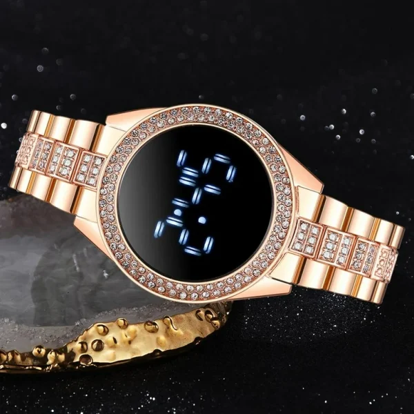 LED Digital Watches for Women Luxury Stainless Steel Diamond-set Dial Magnet LED Quartz Watch - Image 3