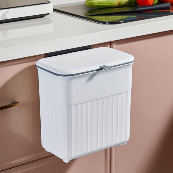 Wall Mounted Plastic Hanging Trash Can with Lid for Kitchen Cabinet Door 9L Food Waste Compost Bin - Image 2