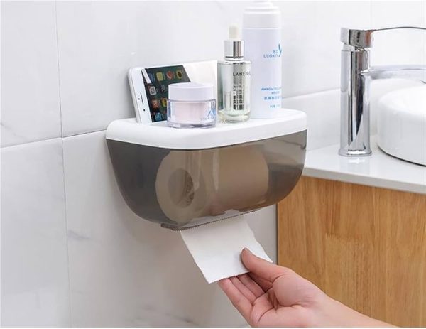 Toilet Paper Holder Wall-Mounted Tissue Box Stand Dispenser Self Adhesive Case Water Proof with Top Storage Space - Image 2
