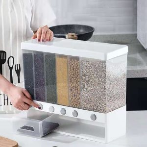 5 Grids Press Out Rice/Grain Storage Container Dry Food, Rice and Grains Dispenser Bucket Sealed Moisture-Proof Kitchen Bucket
