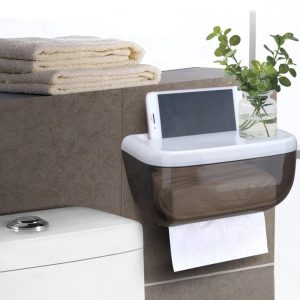 Toilet Paper Holder Wall-Mounted Tissue Box Stand Dispenser Self Adhesive Case Water Proof with Top Storage Space