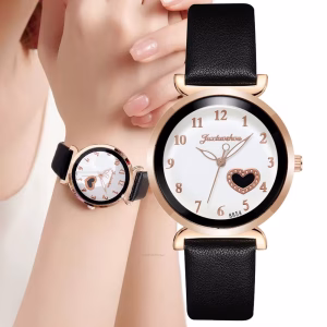 Fashioniable Women Watches Heart Shape Digital Quartz Watch Black Leather Strap