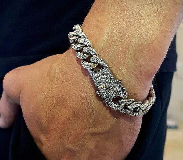 Men's Dust Cut Hip Hop Wrist Chain Silver Tone Cuban Link Icy Men's Bracelet Round Cut - Image 3