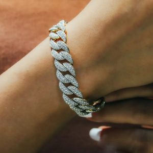 Men's Dust Cut Hip Hop Wrist Chain Silver Tone Cuban Link Icy Men's Bracelet Round Cut