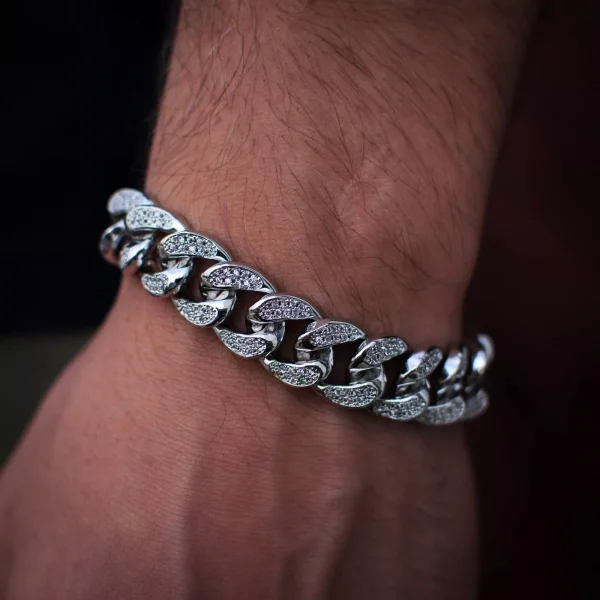 Men's Dust Cut Hip Hop Wrist Chain Silver Tone Cuban Link Icy Men's Bracelet Round Cut - Image 5